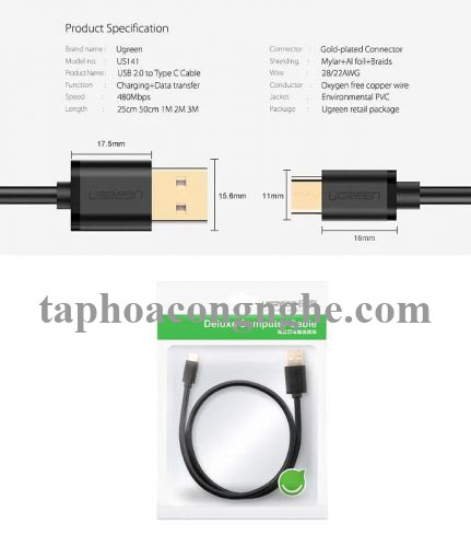 Ugreen 10658 3M Màu xanh dương Cáp Usb 2.0 Sang Type C mạ vàng US141 30010658